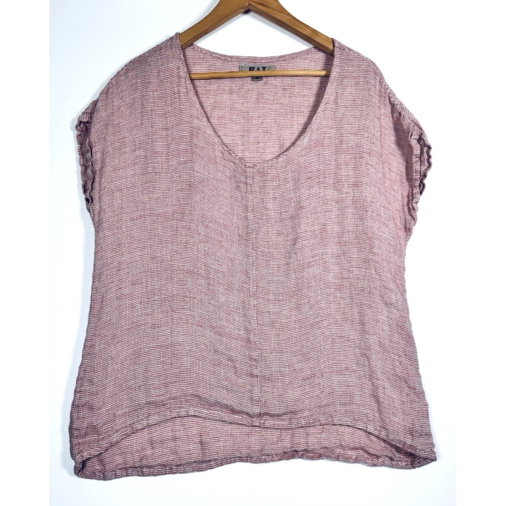 FLAX Linen Top Small Dusty Rose Pink Textured Woven V Neck Short Sleeve Coastal